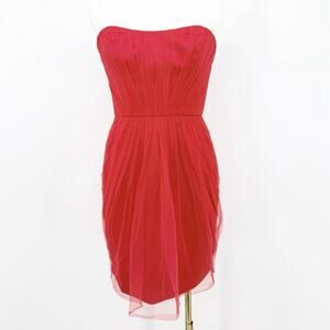 Vera Wang Red Strapless Mesh Overlay Pleated Cocktail Dress 2 Formal Party Prom